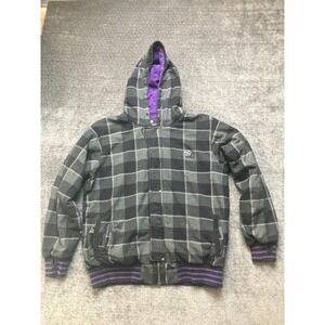 DC Shoes Jacket Men XL Black Gray Buffalo Plaid Quilted Lined Hooded Logo Zip Up